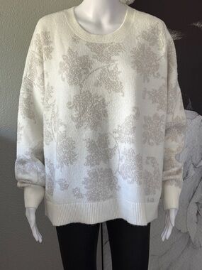 *NEW* LOFT Outlet Cream & Champagne Sparkle Floral Crewneck Sweater Size XL